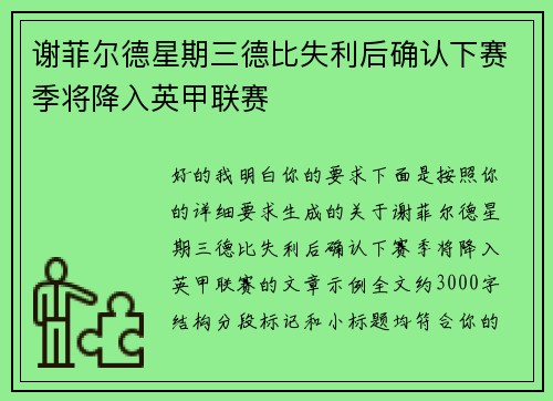 谢菲尔德星期三德比失利后确认下赛季将降入英甲联赛